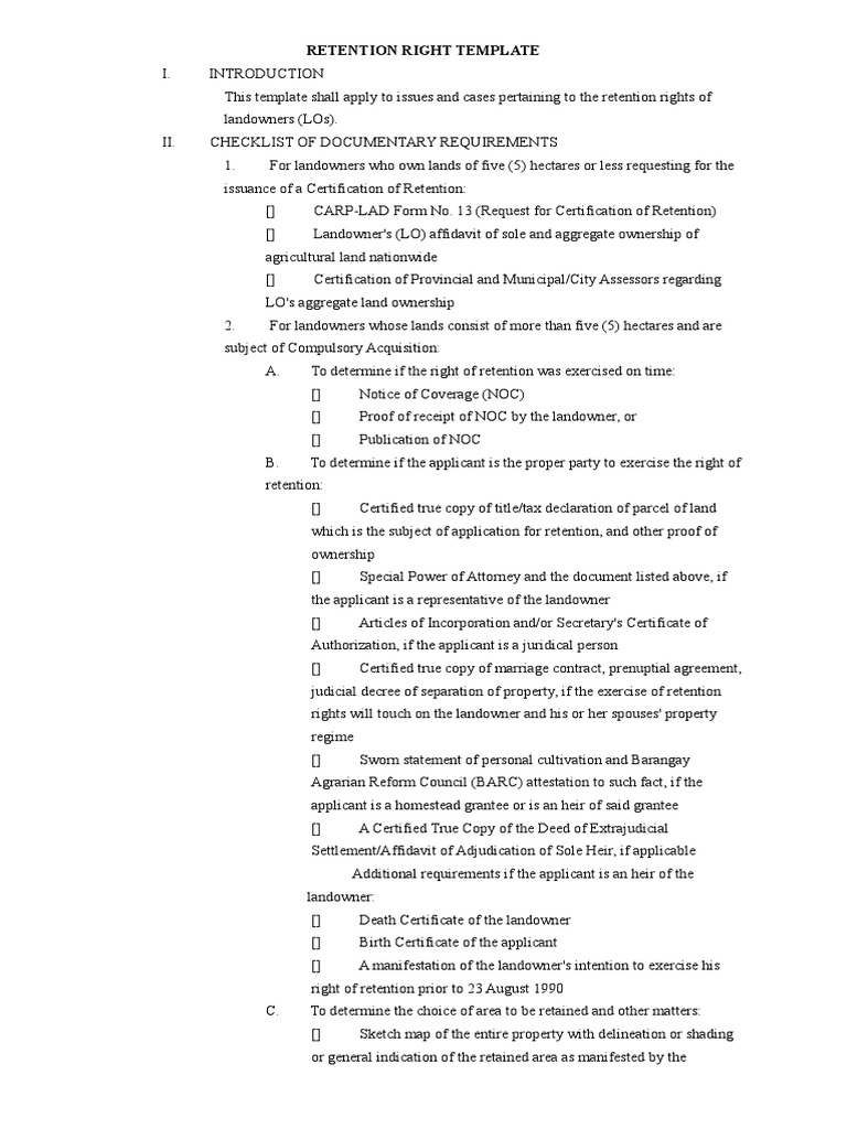 Retention Right Template PDF Eminent Domain Leasehold Estate
