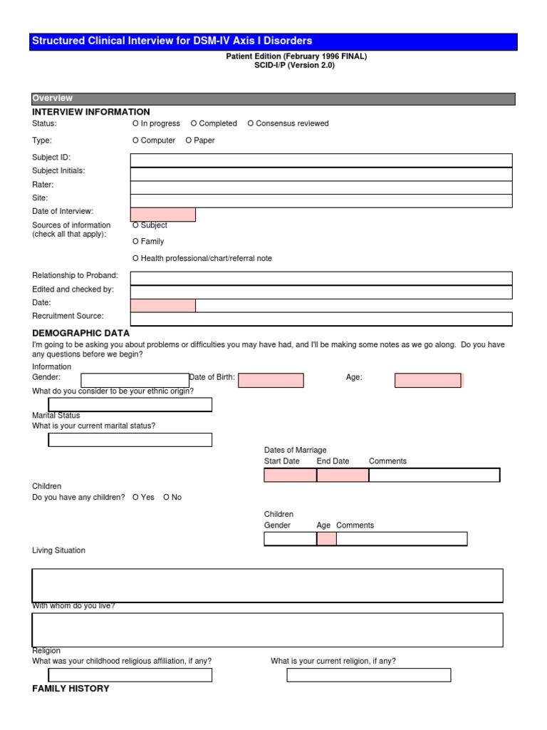 SCID-I/P for DSM-IV Axis I Disorders | PDF | Mania | Major Depressive ...