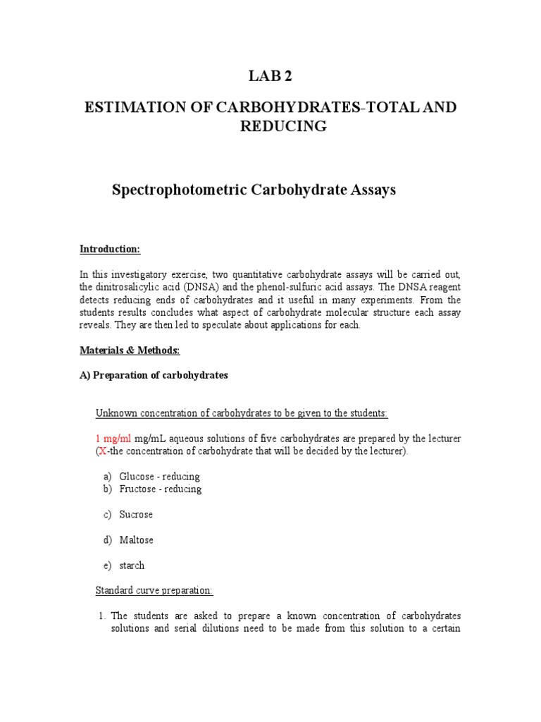Carbohydrate Estimation Lab Protocol | PDF | Carbohydrates | Sodium ...
