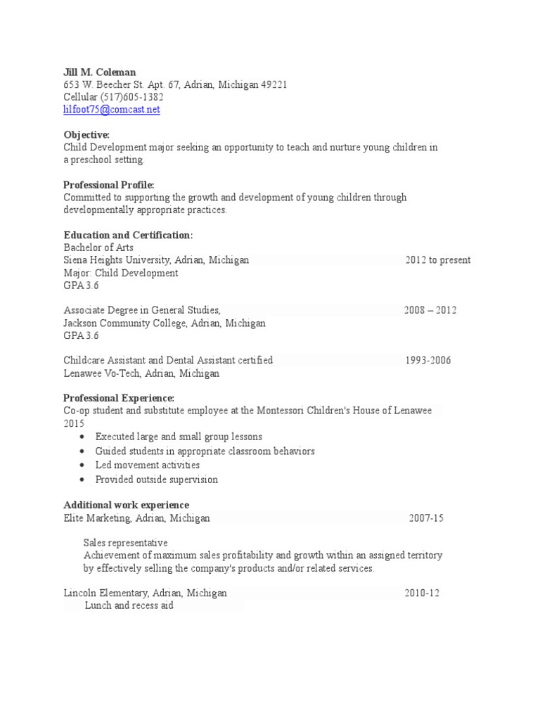 Child Development Major Resume | PDF | Career & Growth