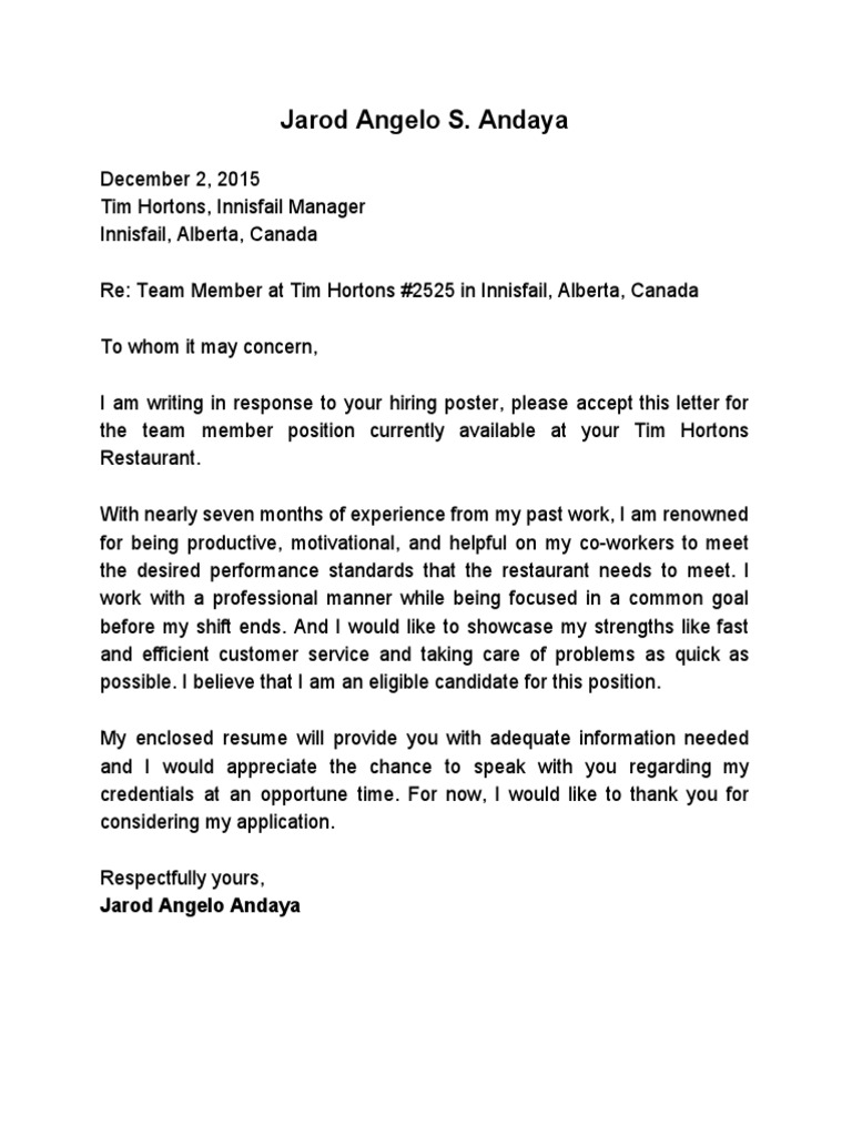 Application for Tim Hortons Team Member | PDF