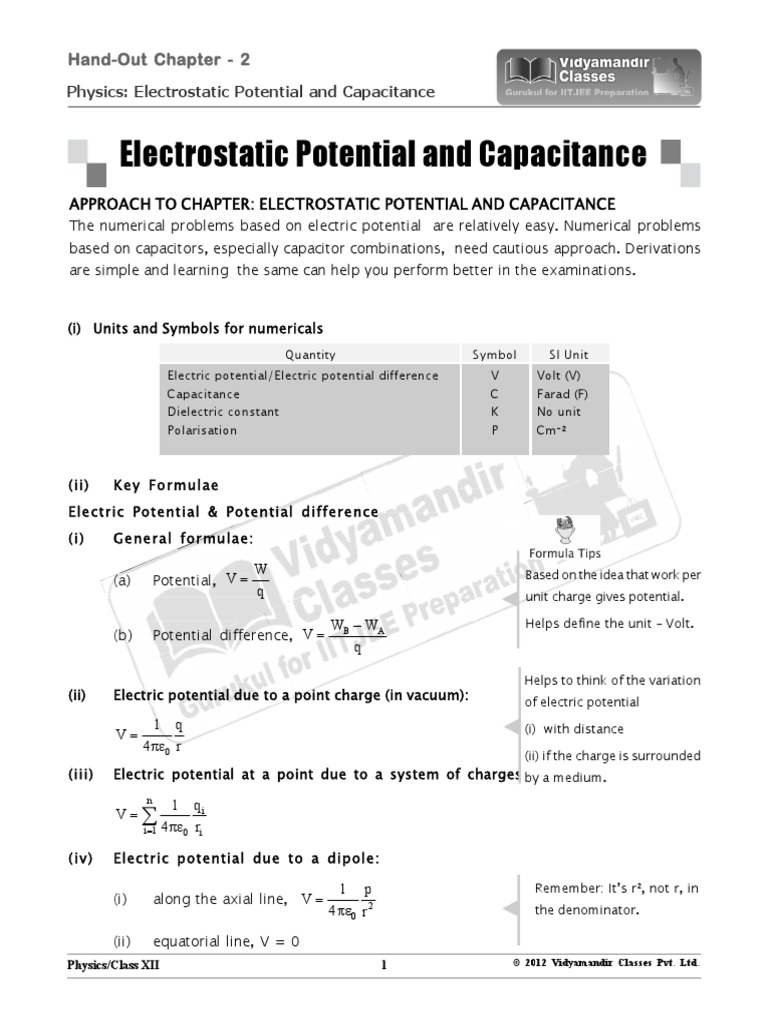 Electrostatic Potential and Capacitance Iit Jee PDF Dielectric