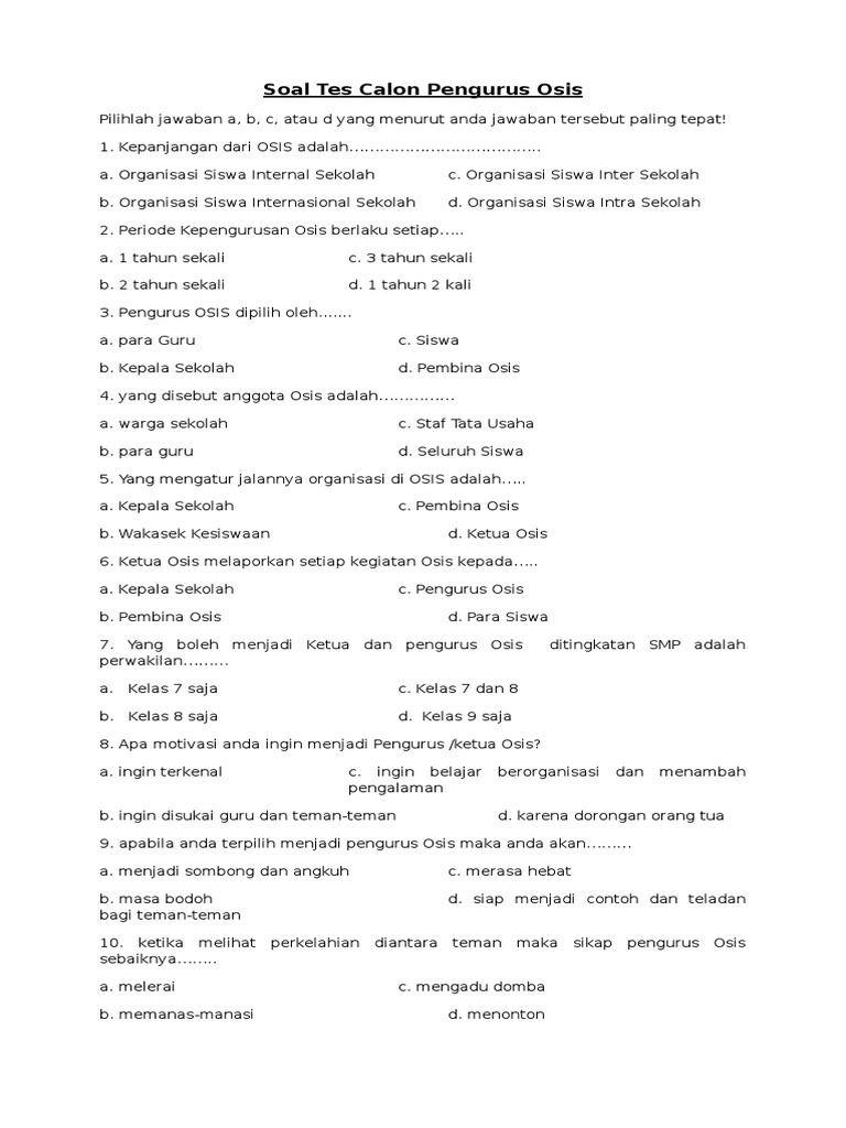 Contoh Soal Tes Osis Smp Dan Jawabannya