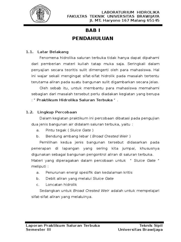 Contoh Laporan Praktikum Hidrolika Saluran Terbuka