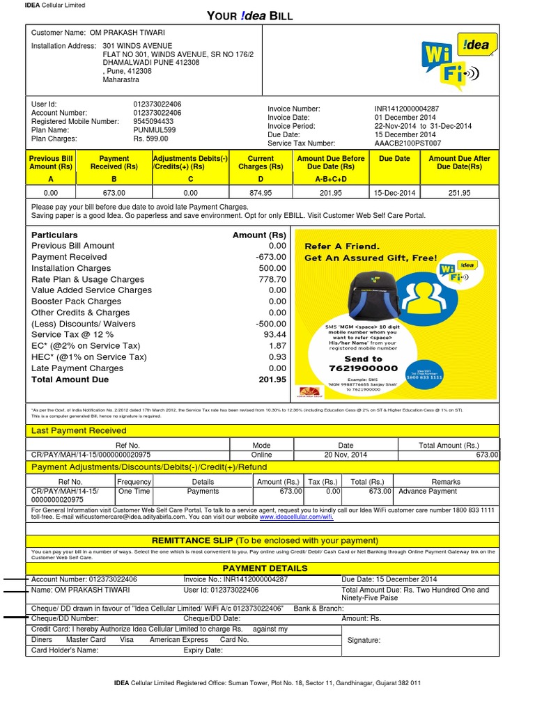 Inr Idea Wifi Bill Invoice Cheque