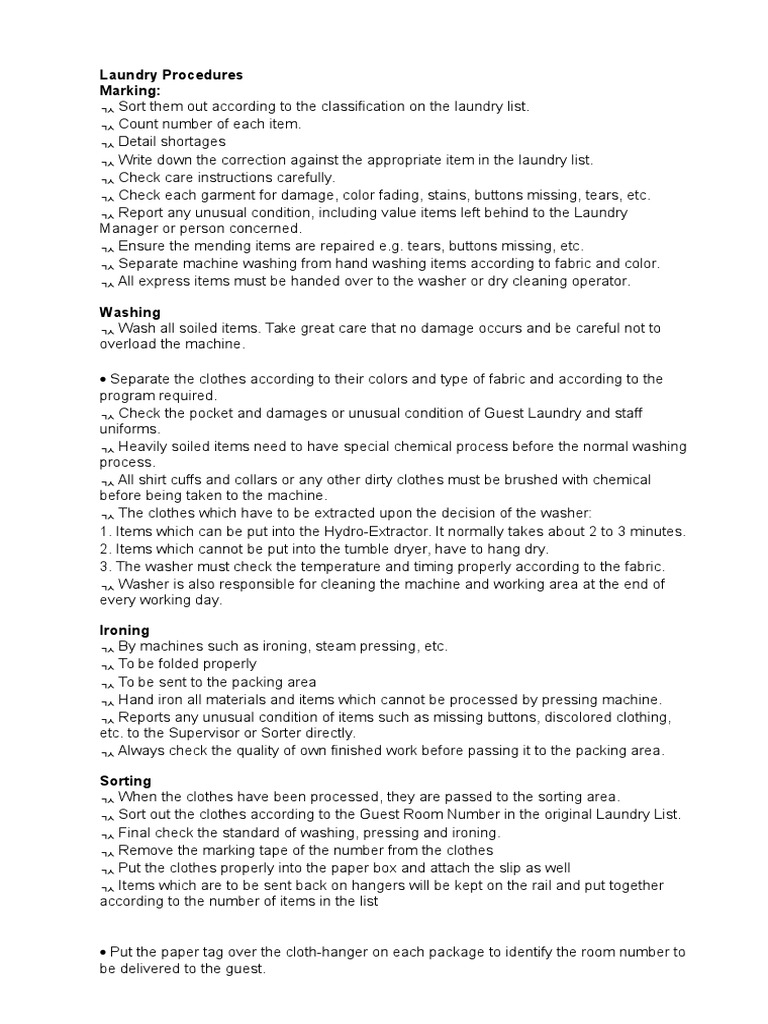 Laundering Procedures Housekeeping Manual PDF Laundry Linens