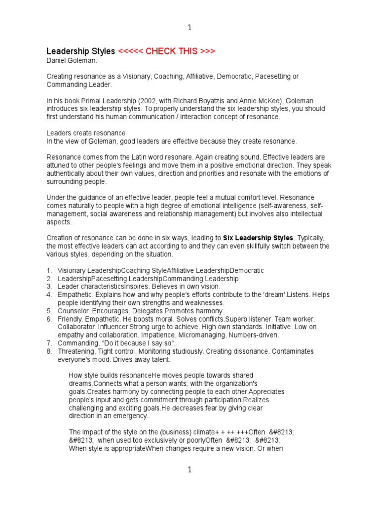 Goleman's Six Leadership Styles Explained | PDF | Leadership | Psychology