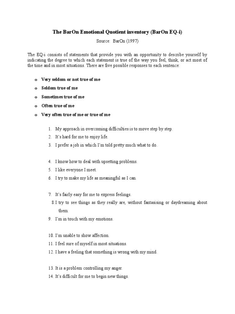 BarOn EQ-i: Emotional Intelligence Assessment | PDF | Emotions ...