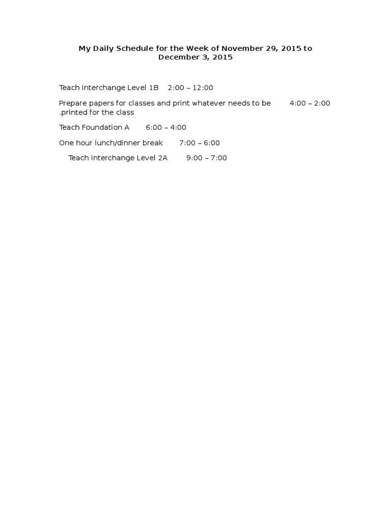 Weekly Teaching Schedule: Nov 29-Dec 3 | PDF