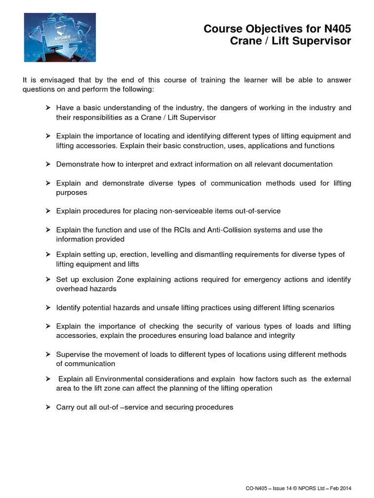 N405 Crane Lift Supervisor 20141 PDF Crane (Machine) Business