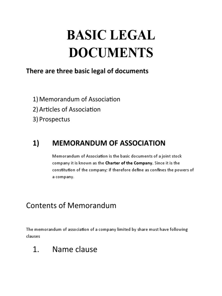 Basic Legal Documents: 1. Name Clause | PDF | Articles Of Association ...