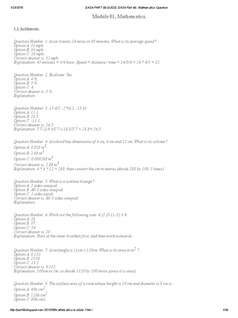 EASA Part 66 Mathematics Questions | PDF | Fraction (Mathematics) | Area