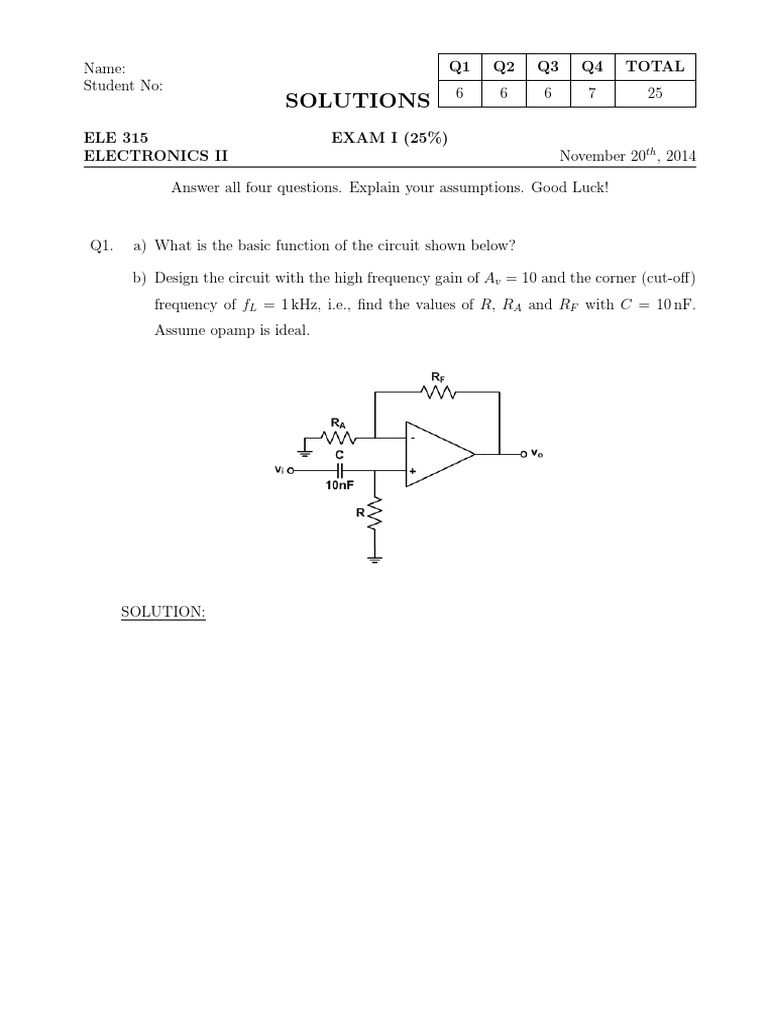 Electronics II Exam I Solutions | PDF | Amplifier | Analog Circuits