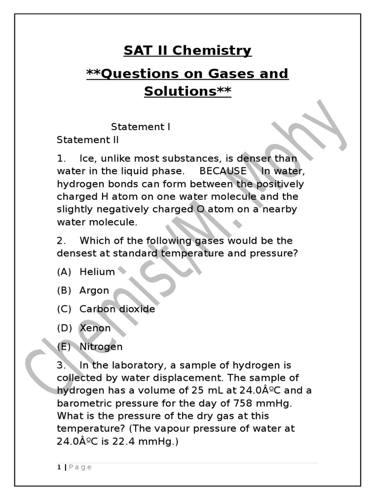 Gases, Solutions, and Phase Changes An Analysis of Chemistry Questions