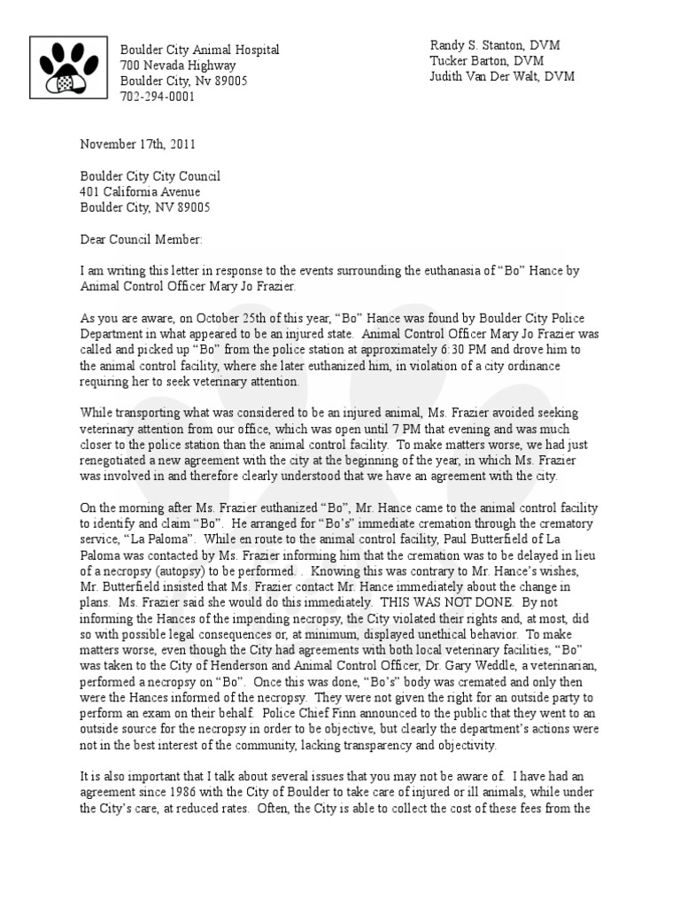 Letter From Veterinarian Randy Stanton | Médico veterinario | Autopsia