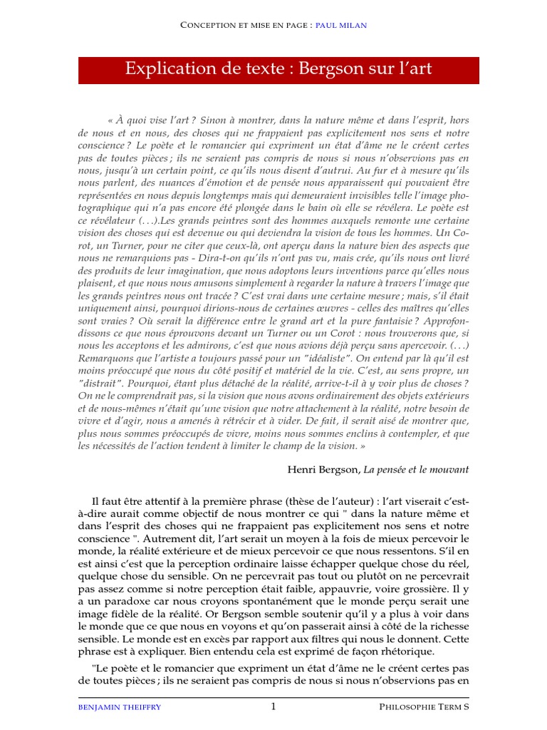 TermS 06 Explication Texte de Bergson Sur l Art  la perception  Henri