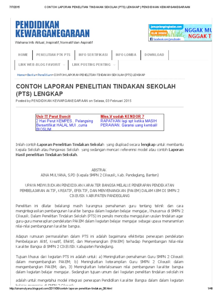 Contoh Laporan Penelitian Tindakan Sekolah Pts Lengkap Pendidikan Kewarganegaraan