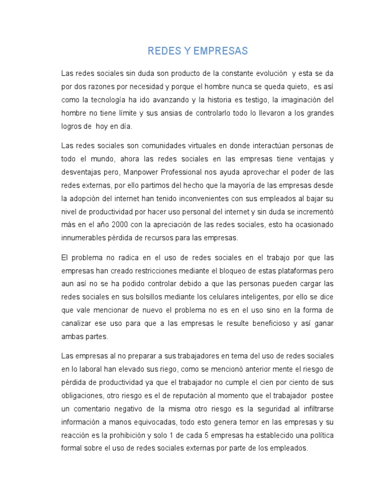 Redes Sociales en Empresas: Ventajas y Riesgos | PDF | Servicio de ...
