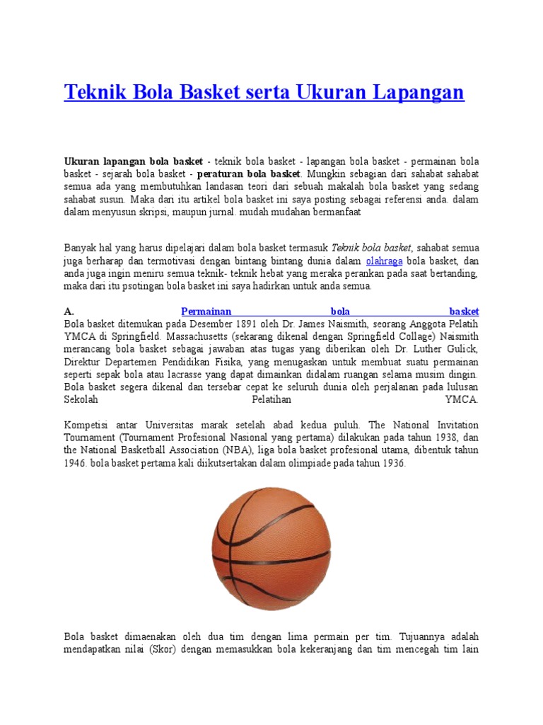 Teknik Bola Basket Serta Ukuran Lapangan