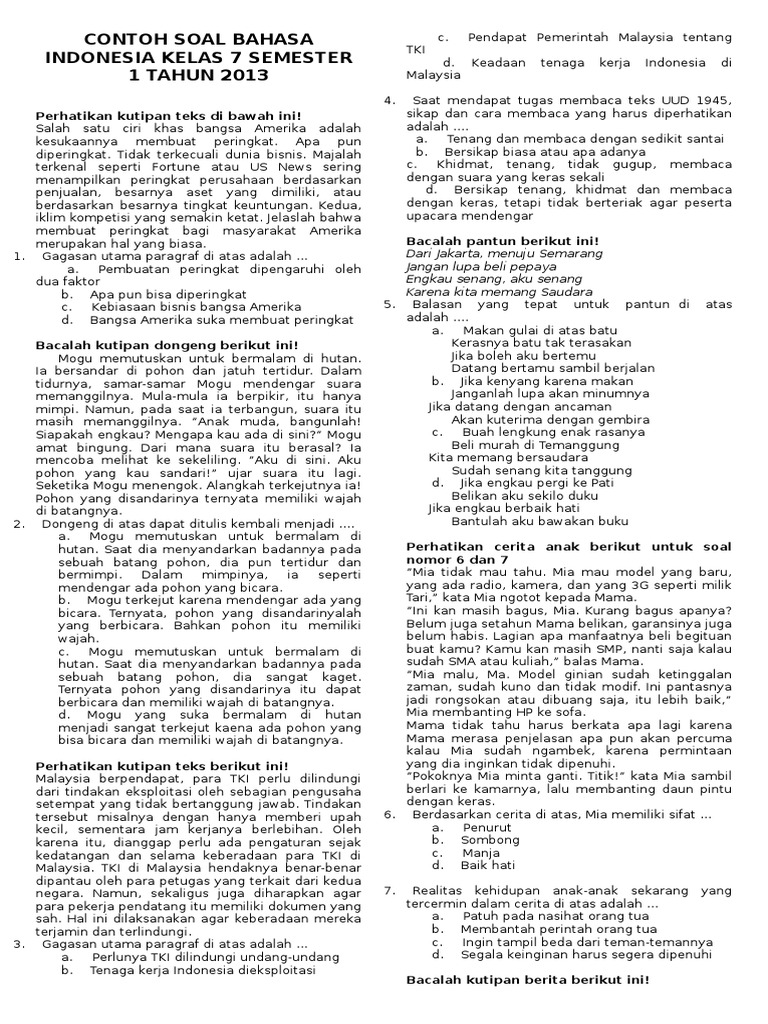 Contoh Soal Dan Jawaban Bahasa Indonesia Kelas 7 Semester
