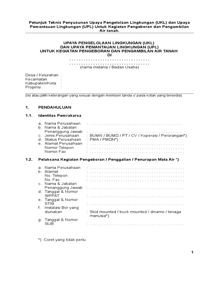 Panduan Penyusunan UKL UPL Pengeboran Air | PDF | Griya & Taman ...
