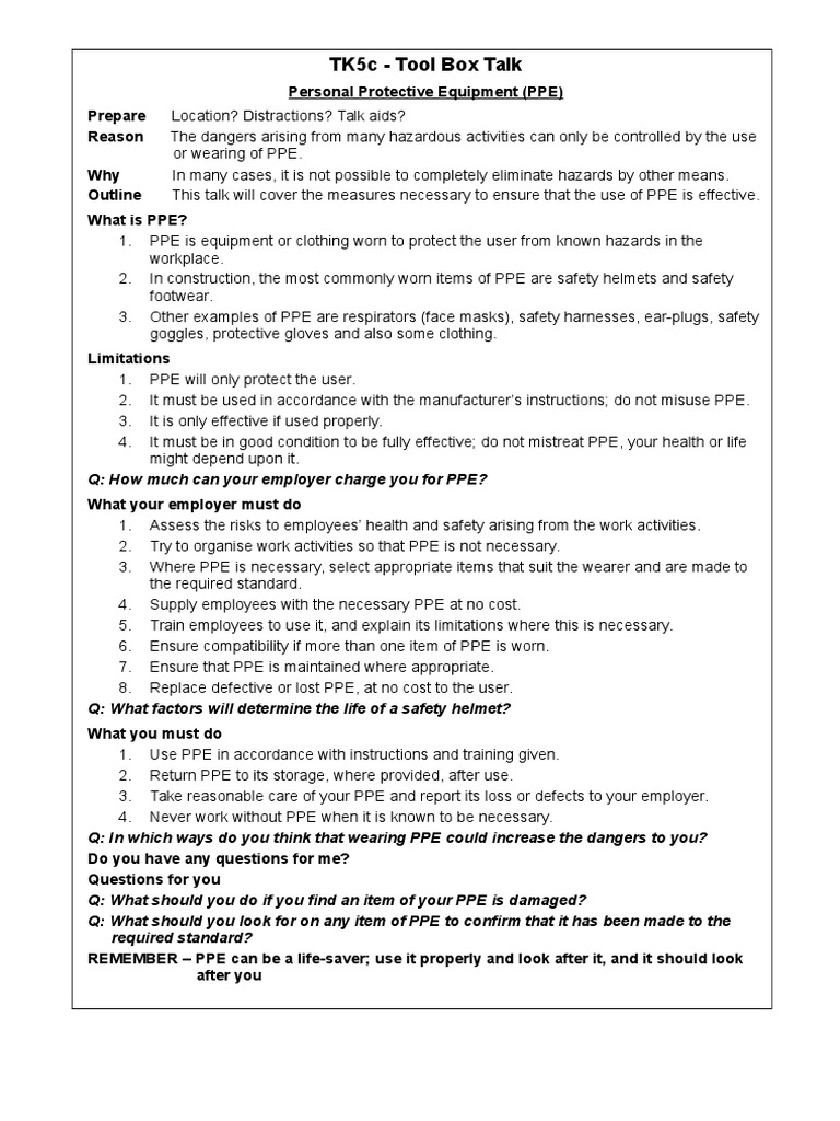 Tk5c Ppe Toolbox Talk