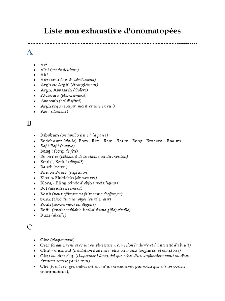 Liste Des Onomatopees Loisirs Nature