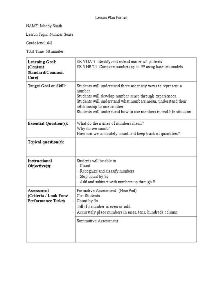 Number Sense Lesson Plan for Grades 6-8 | PDF | Educational Assessment ...