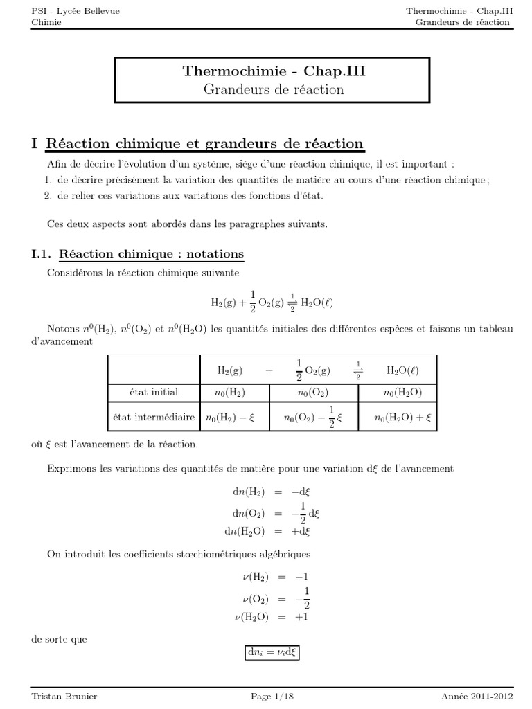 Grandeurs de réaction en thermochimie | PDF | Réactions chimiques ...