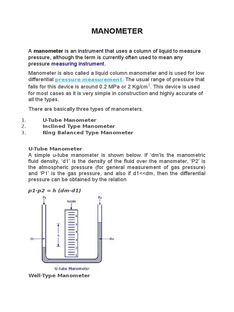 Manometer Pressure Measurement Pressure