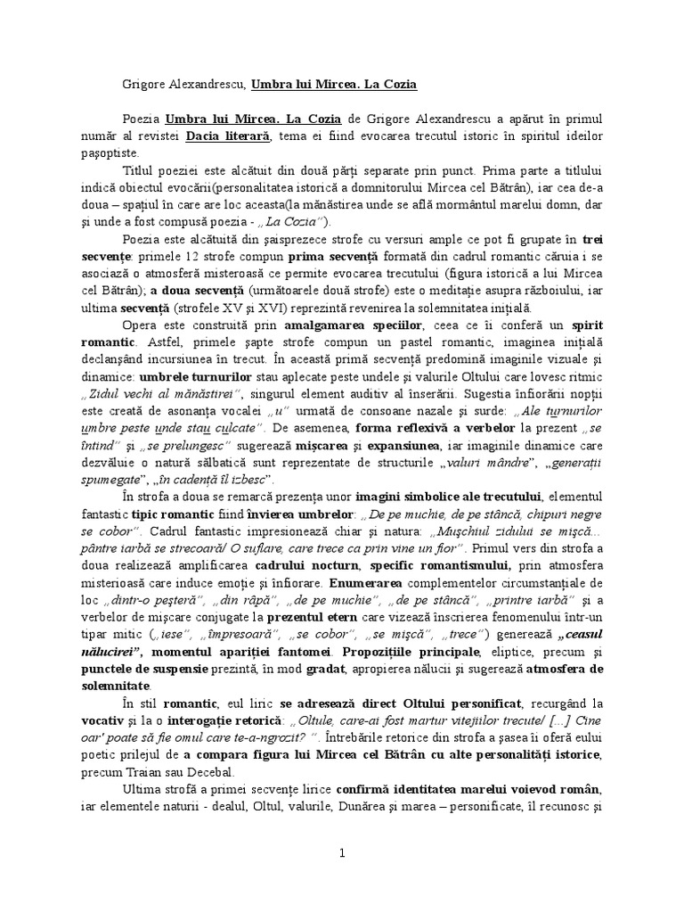 Umbra Lui Mircea La Cozia Comentariu Comentariu Umbra Lui Mircea La Cozia | PDF