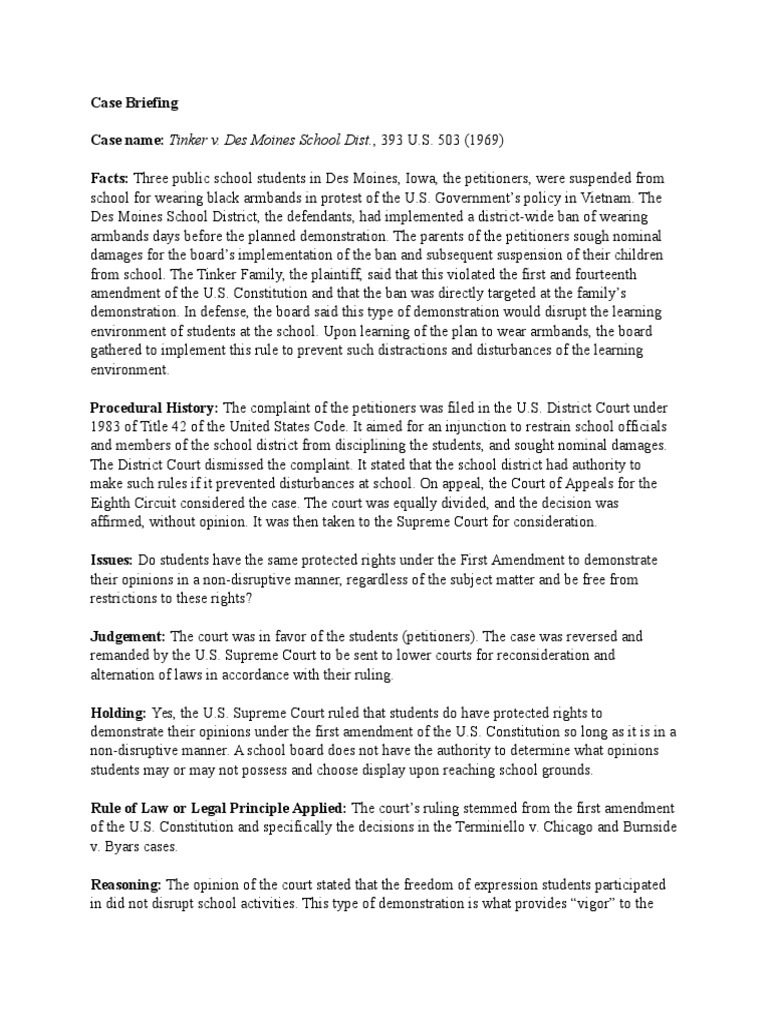 Case Briefing Tinker v. Des Moines PDF First Amendment To The