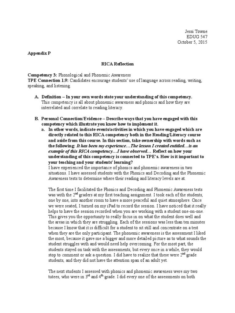 RICA Reflection on Phonemic Awareness | PDF | Phonics | Educational ...