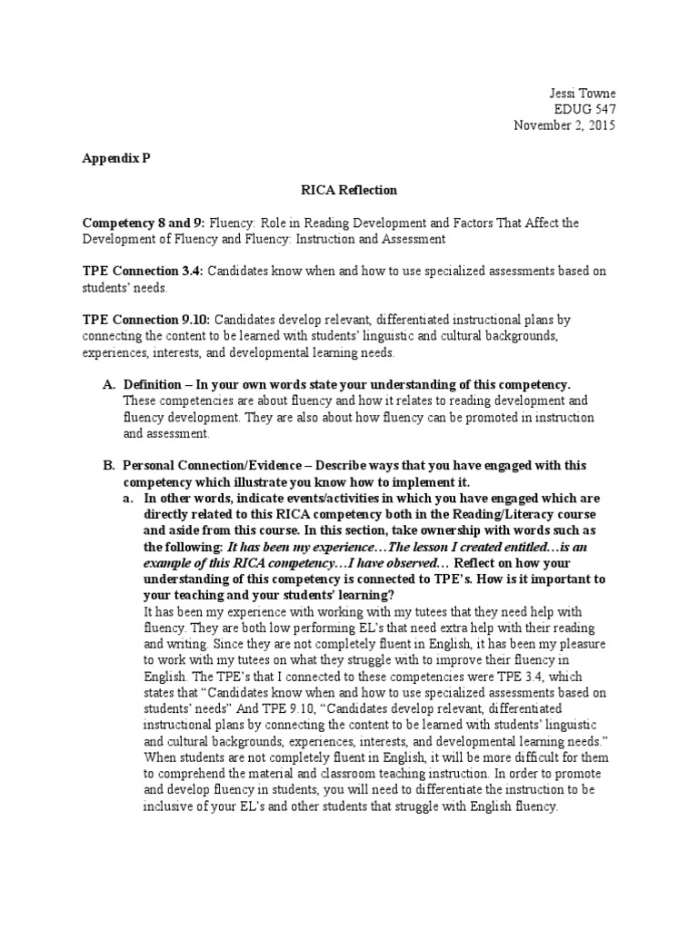 RICA Reflection on Reading Fluency | PDF | English As A Second Or ...