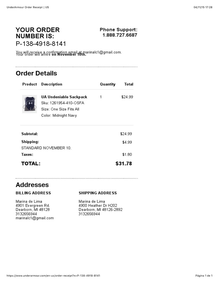 UnderArmour Order Receipt US PDF