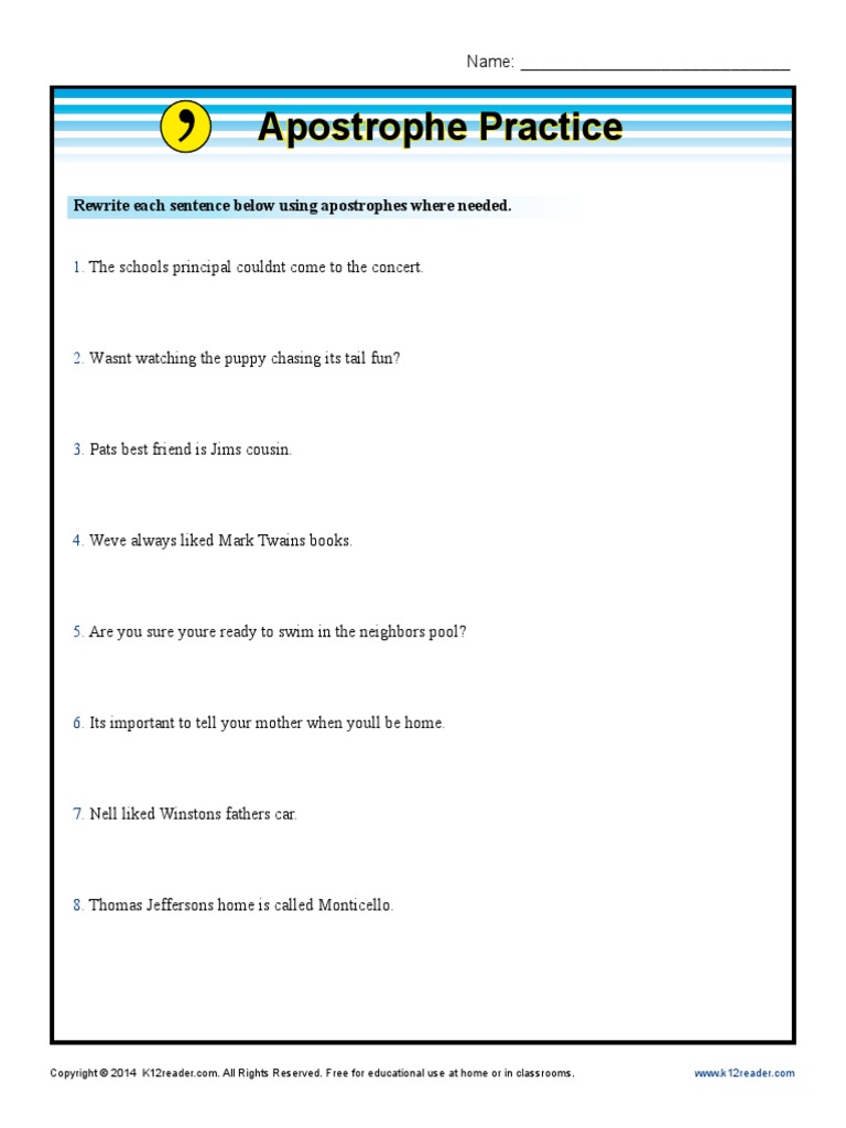 Apostrophe Practice: Rewrite Each Sentence Below Using Apostrophes ...