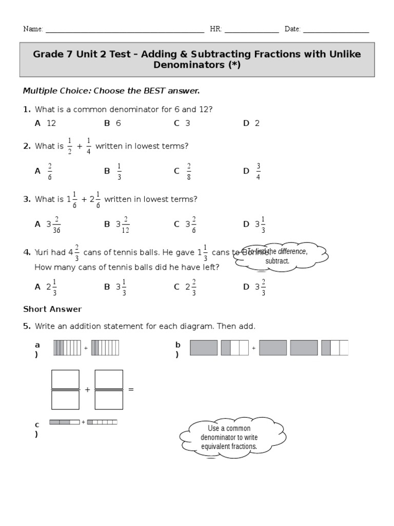Grade 7 Fractions Test: Addition & Subtraction | PDF