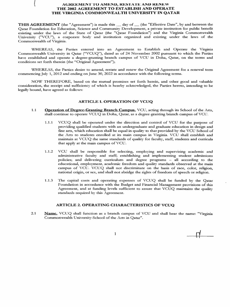 VCUQ Operating Agreement With Qatar Foundation | PDF | Financial Audit ...