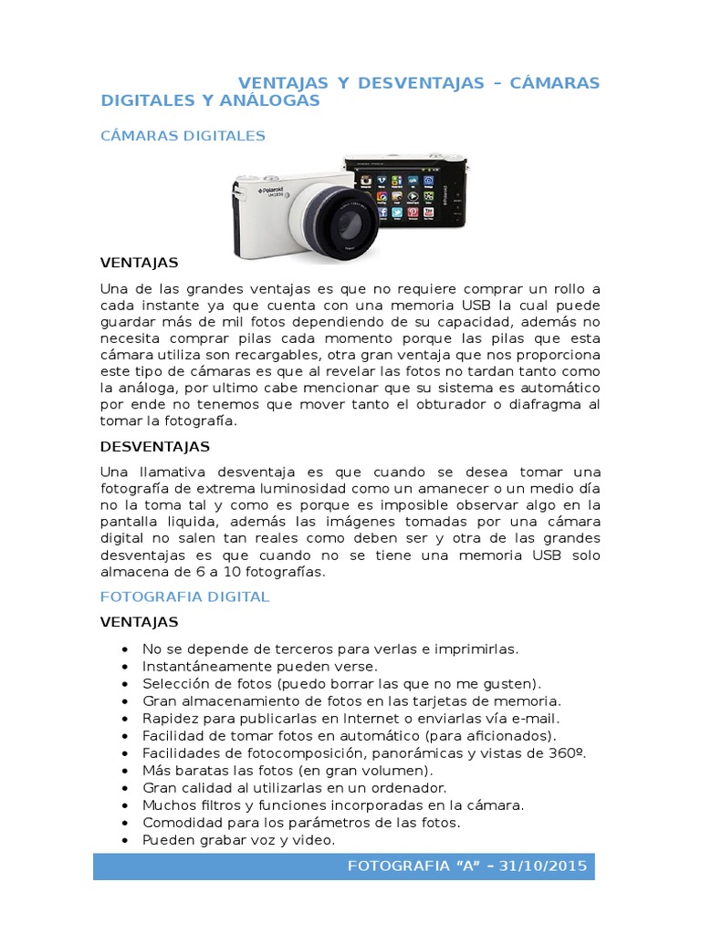 Infografía con una cámara compacta y texto comparando fotografía digital y analógica