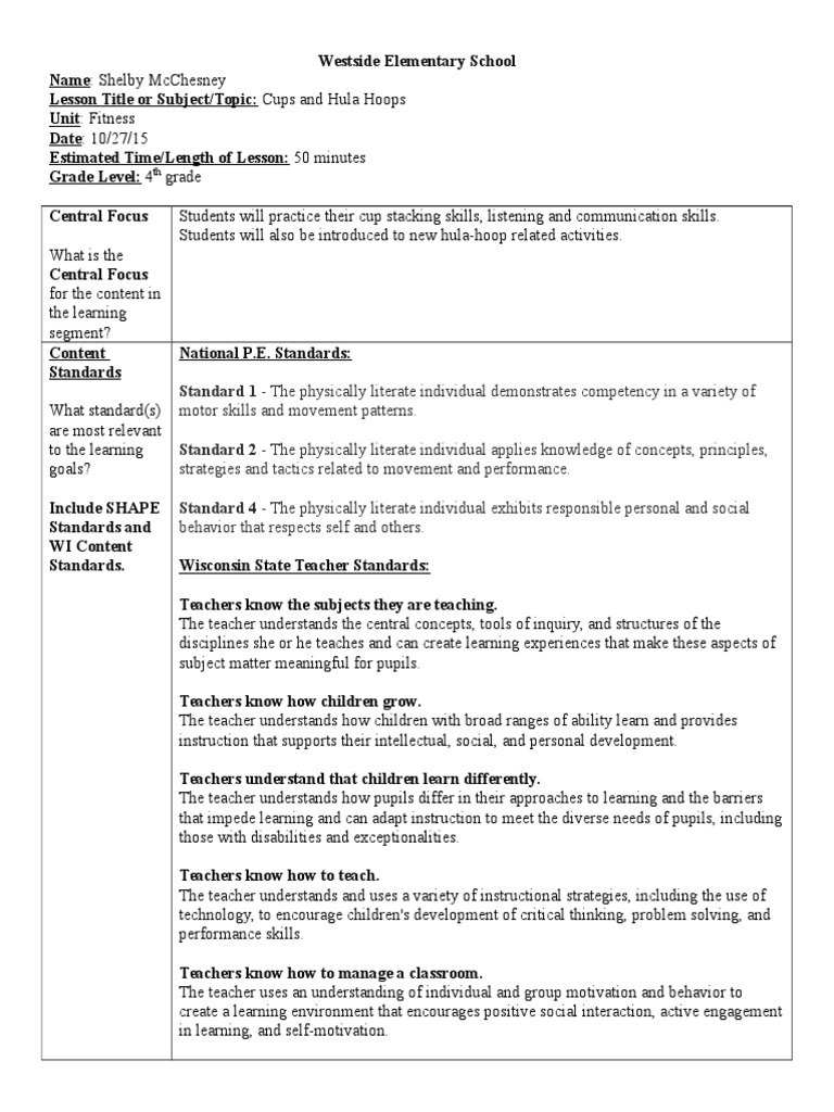 Cup Stacking and Hula Hoop Lesson Plan PDF Teachers Physical