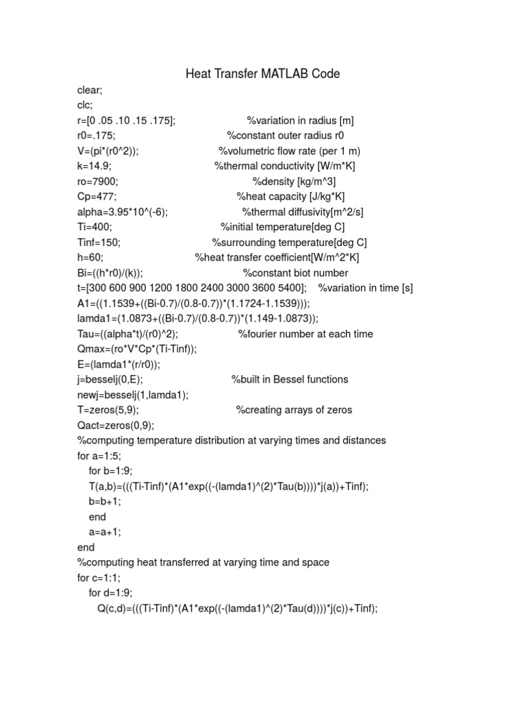 MATLAB Code for Heat Transfer Analysis | PDF
