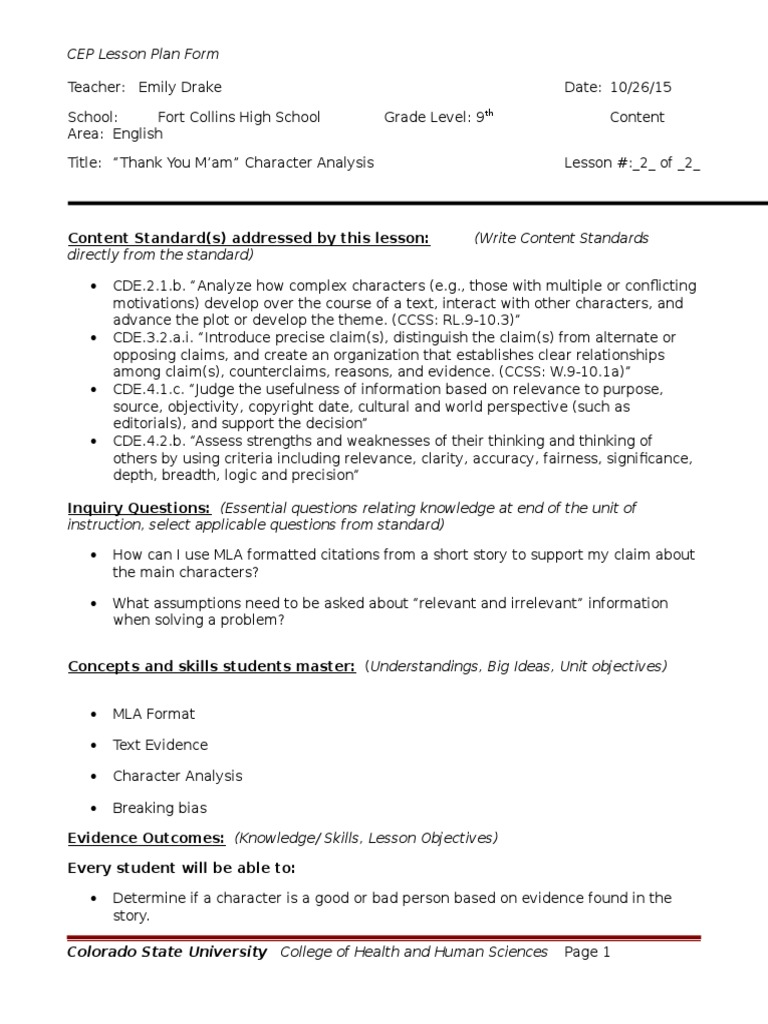 CEP Lesson Plan Form: Colorado State University College of Health and ...