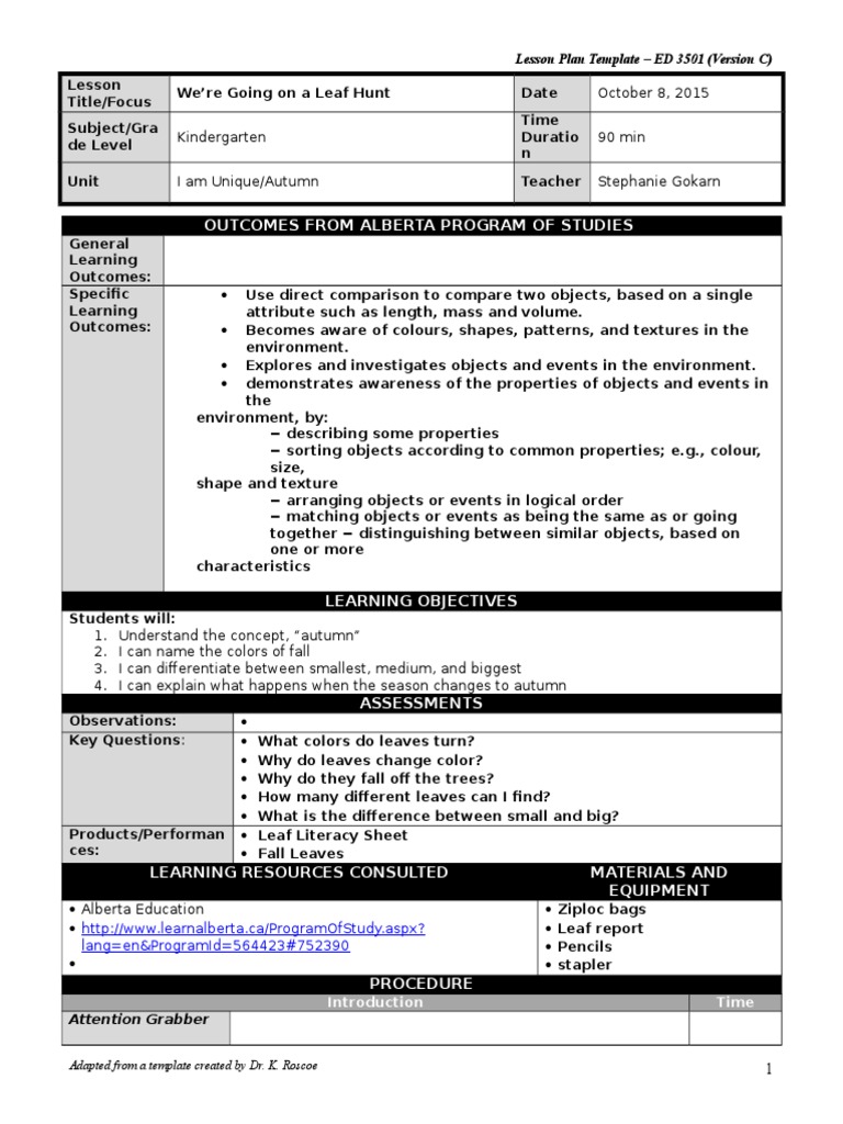 Leaf Hunt Lesson Plan for Kindergarten | PDF | Lesson Plan | Leaf