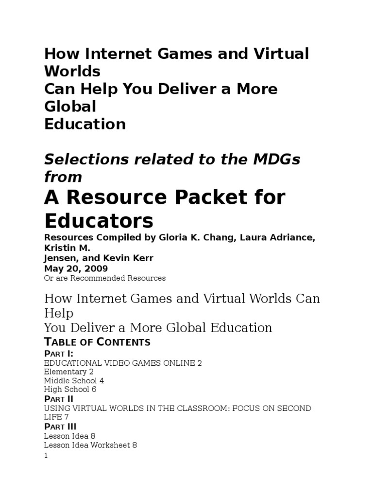 A Resource Packet For Educators: How Internet Games and Virtual Worlds ...