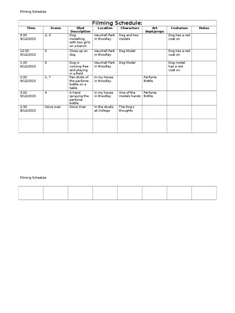 Dog Perfume Ad Filming Schedule | PDF | Home & Garden | Art