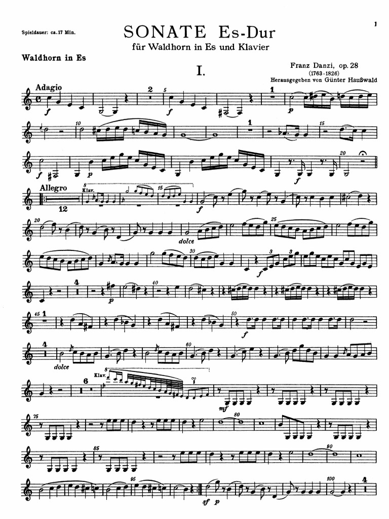 Danzi Sonata For Horn and Piano Op.28 Horn Part | PDF