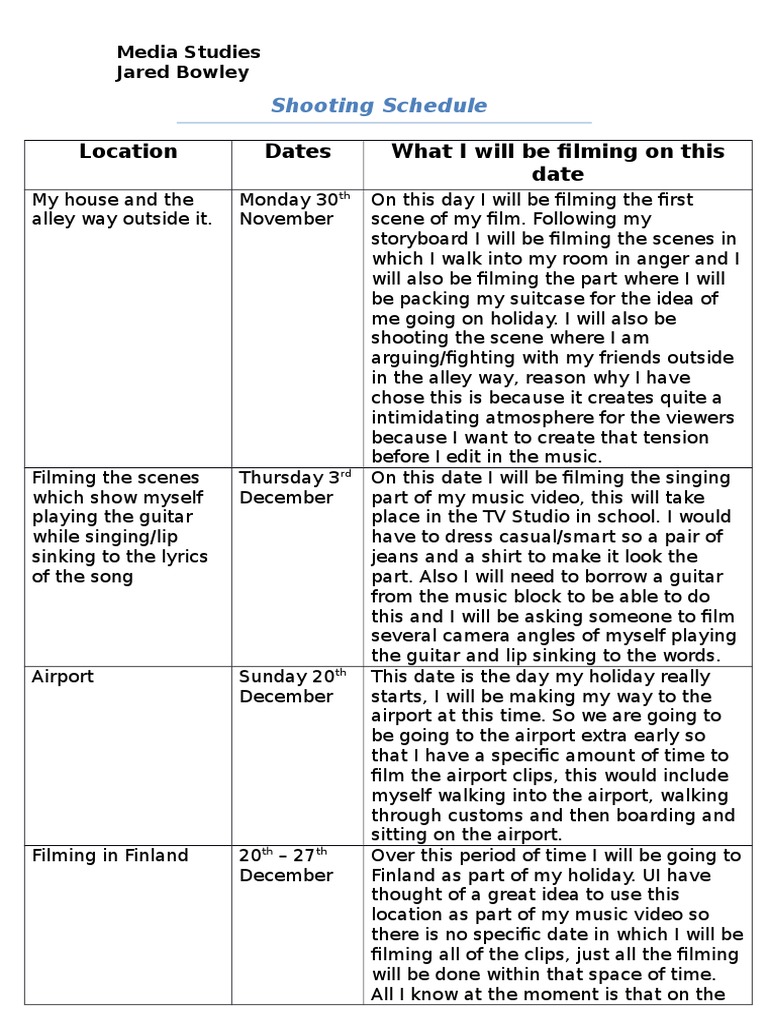 Location Dates What I Will Be Filming On This Date: Shooting Schedule | PDF