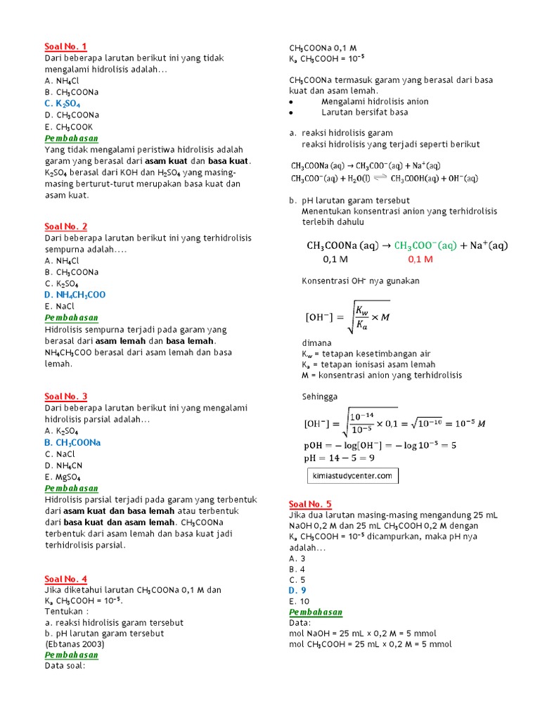 Latihan Soal Dan Pembahasan Hidrolisis