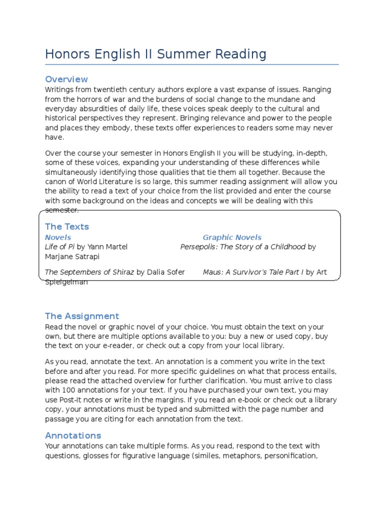 Honors English II Summer Reading Novels Graphic Novels Reading