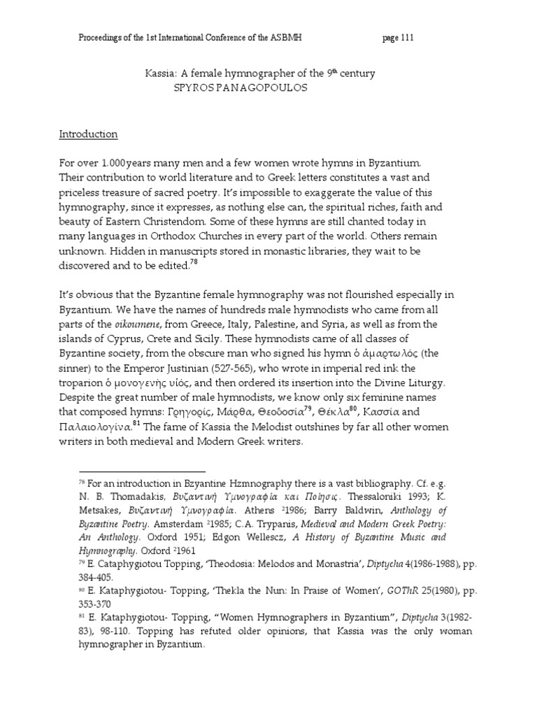 Kassia A Female Hymnographer of The 9th Century PDF Religious